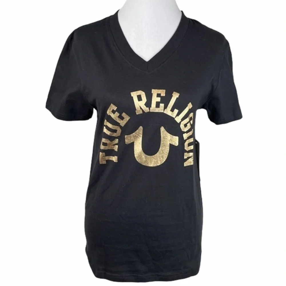 True Religion VNeck Shirt, Black, Gold, Small